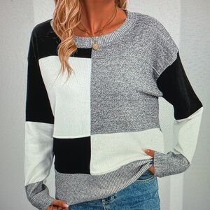 Color Block Sweater - Black, White, Gray